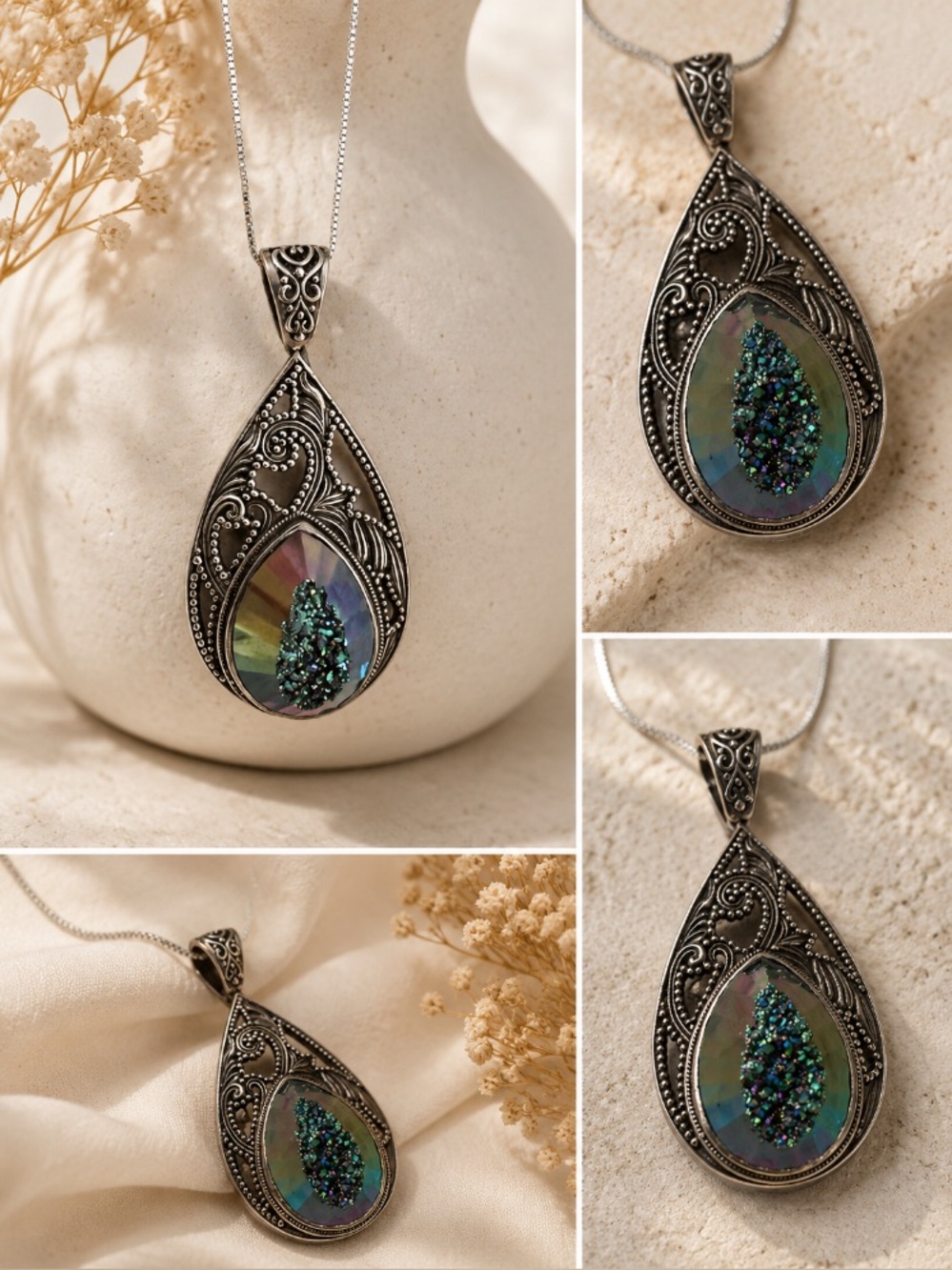 Gorgeous Large SS Pendant necklace with Peacock Druzy